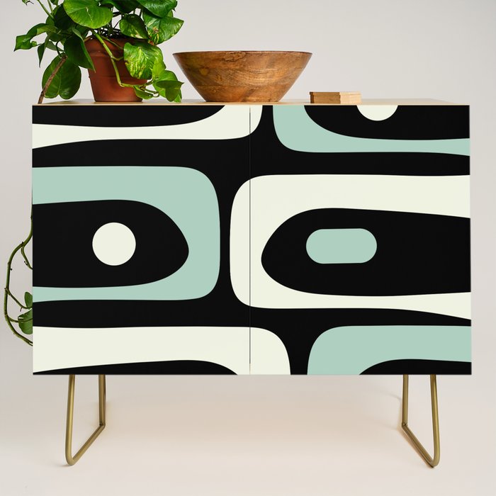 Mid Century Modern Piquet Abstract Minimalist Pattern in Black and Mint Credenza Gallery Image 1