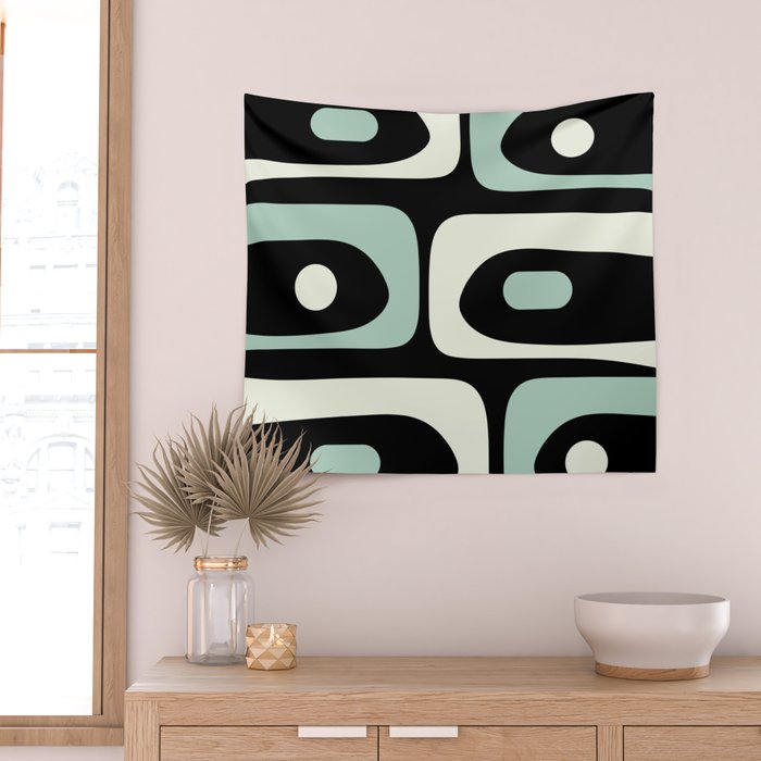 Mid Century Modern Piquet Abstract Minimalist Pattern in Black and Mint Wall Tapestry Gallery Image 2