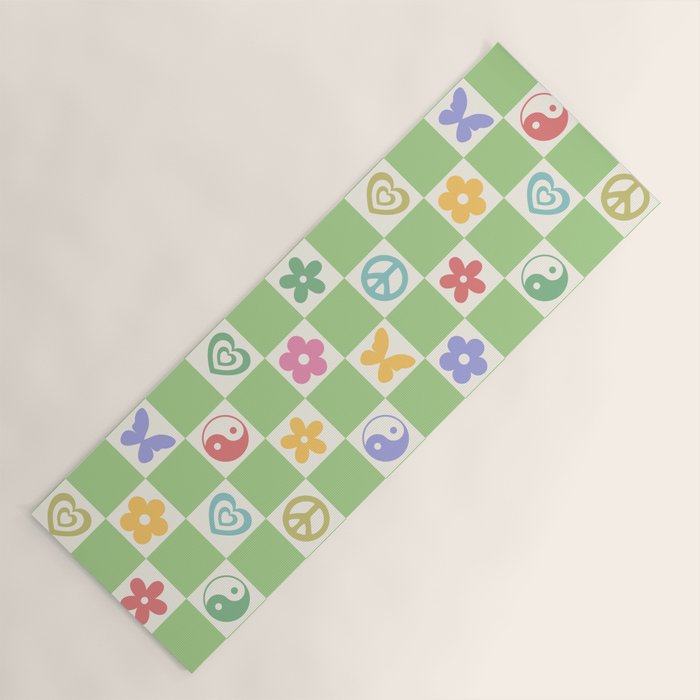 Peace & Love Retro Nostalgia Green Checker Yoga Mat Gallery Image 1