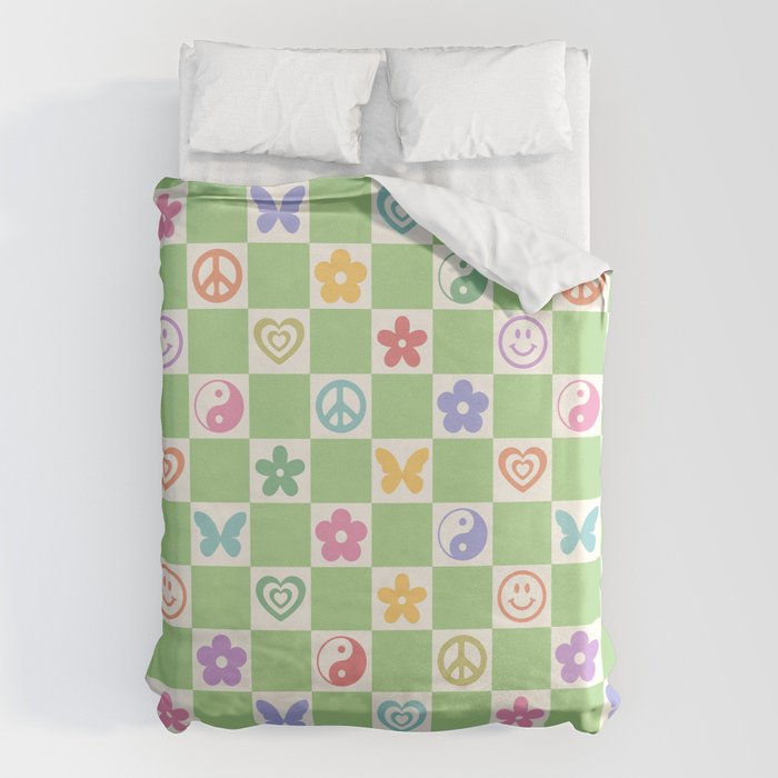 Peace & Love Retro Nostalgia Green Checker Duvet Cover Gallery Image 1