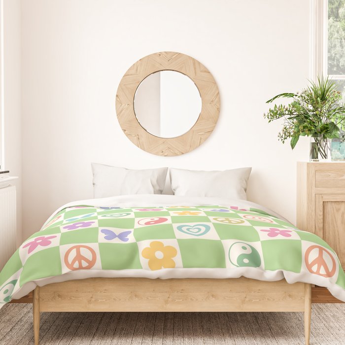 Peace & Love Retro Nostalgia Green Checker Duvet Cover Gallery Image 3
