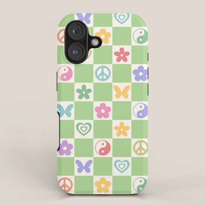Peace & Love Retro Nostalgia Green Checker iPhone Case Gallery Image 1