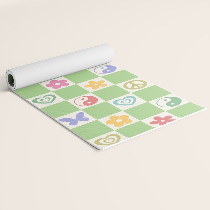 Peace & Love Retro Nostalgia Green Checker Yoga Mat Gallery Image 2