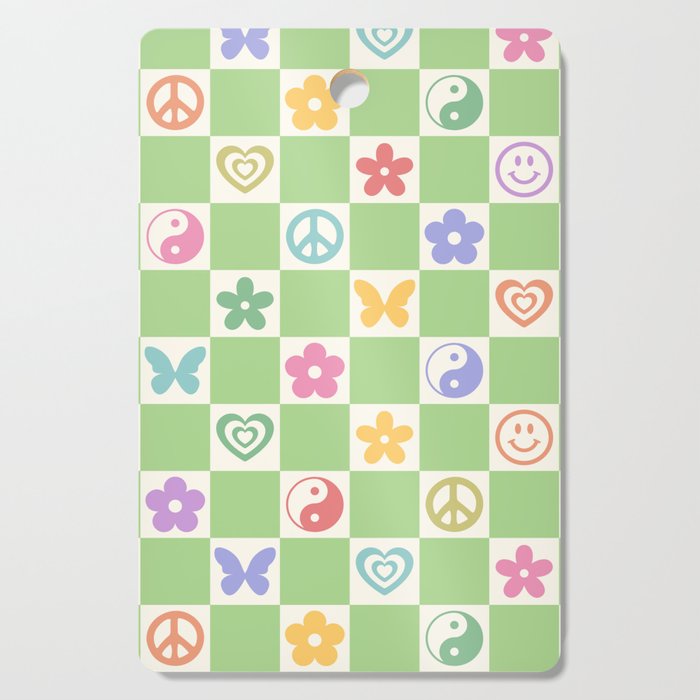Peace & Love Retro Nostalgia Green Checker Cutting Board Gallery Image 1