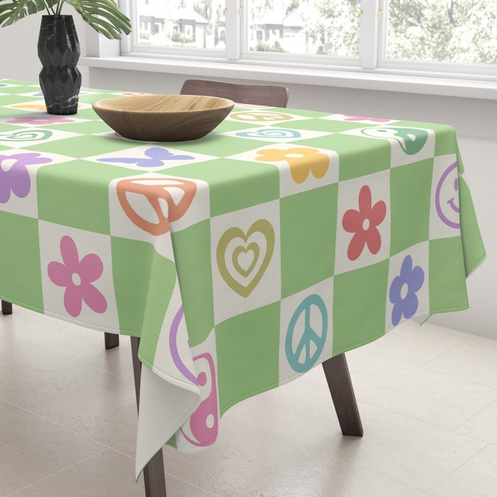 Peace & Love Retro Nostalgia Green Checker Tablecloth Gallery Image 3