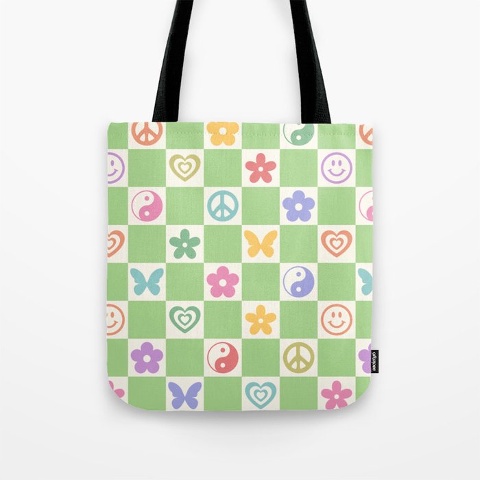 Peace & Love Retro Nostalgia Green Checker Tote Bag Gallery Image 1
