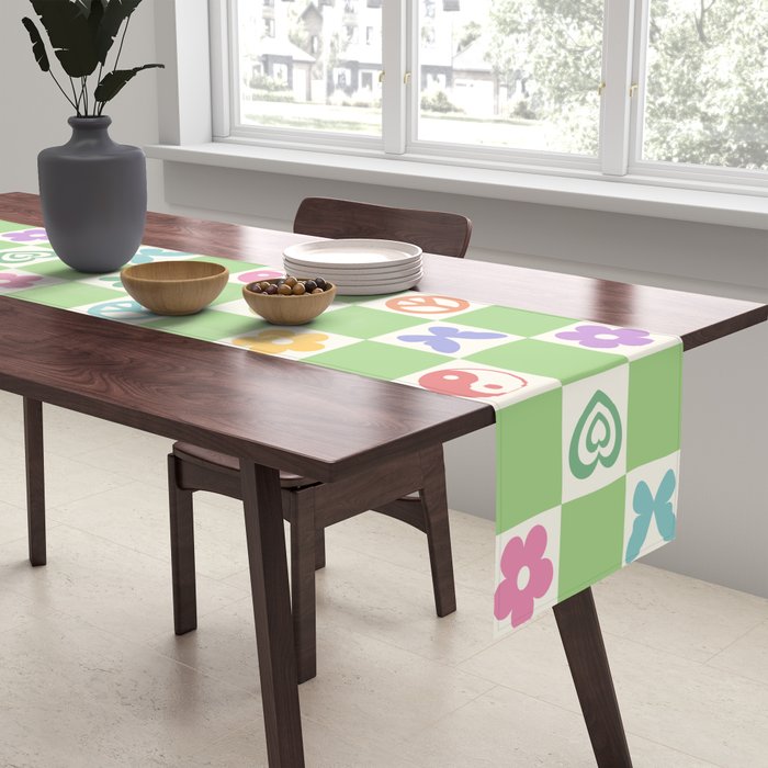 Peace & Love Retro Nostalgia Green Checker Table Runner Gallery Image 2