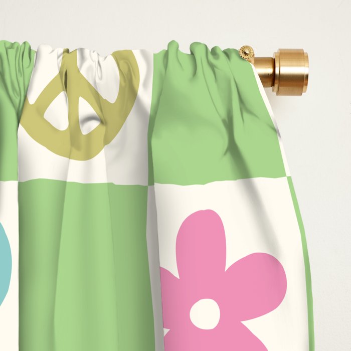 Peace & Love Retro Nostalgia Green Checker Window Curtain Gallery Image 2