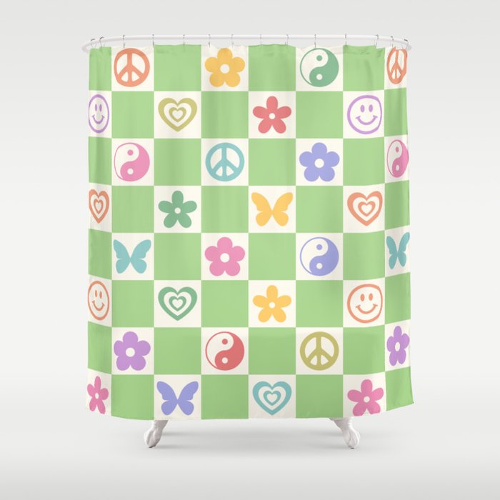 Peace & Love Retro Nostalgia Green Checker Shower Curtain Gallery Image 1
