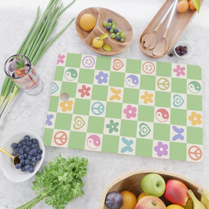 Peace & Love Retro Nostalgia Green Checker Cutting Board Gallery Image 2