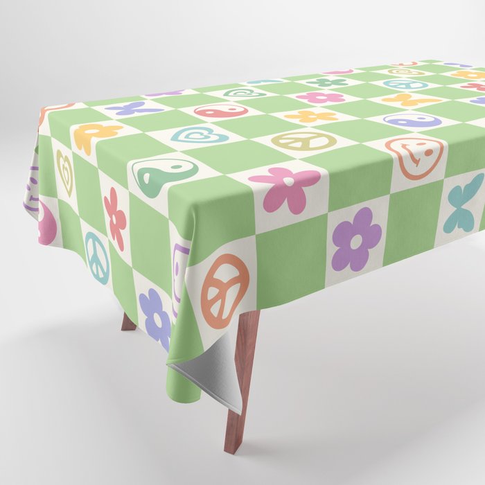 Peace & Love Retro Nostalgia Green Checker Tablecloth Gallery Image 1
