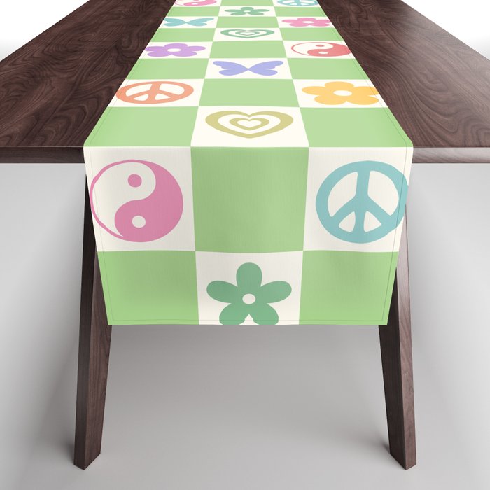 Peace & Love Retro Nostalgia Green Checker Table Runner Gallery Image 1