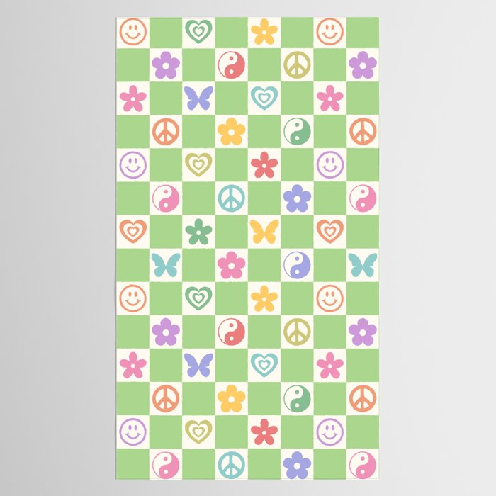 Peace & Love Retro Nostalgia Green Checker Tablecloth Gallery Image 2