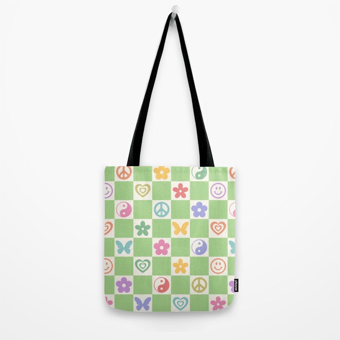 Peace & Love Retro Nostalgia Green Checker Tote Bag Gallery Image 2