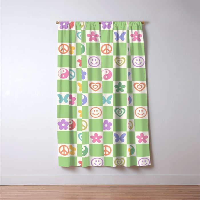 Peace & Love Retro Nostalgia Green Checker Window Curtain Gallery Image 3