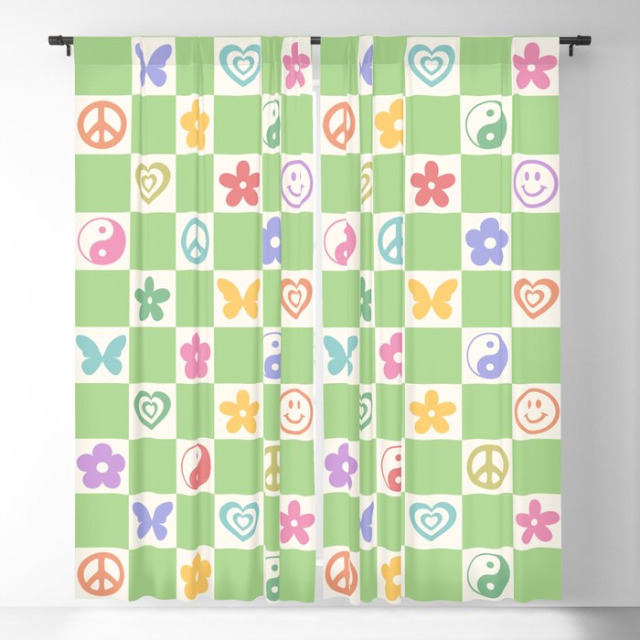 Peace & Love Retro Nostalgia Green Checker Window Curtain Gallery Image 5
