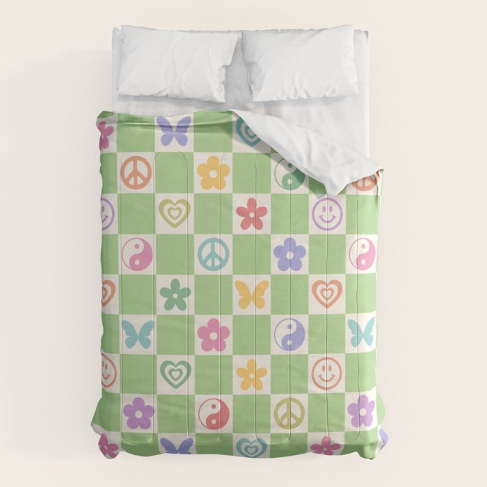 Peace & Love Retro Nostalgia Green Checker Comforter Gallery Image 1