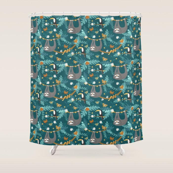 Sloth Hanging in a Teal Forest Shower Curtain Gallery Image 1