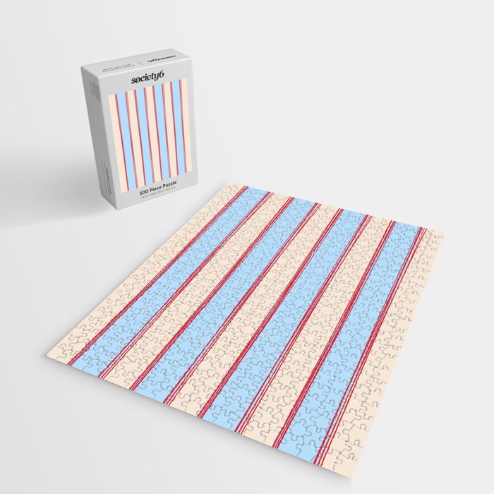 Lined Stripes Vertical Pattern in Cottage Light Blue, Red, and Cream Beige Jigsaw Puzzle Gallery Image 2