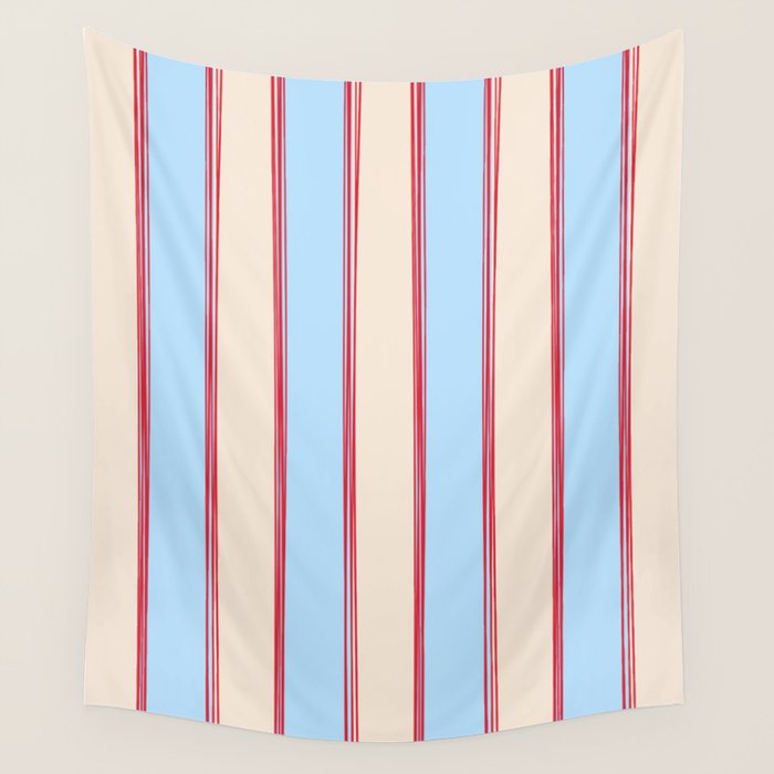 Lined Stripes Vertical Pattern in Cottage Light Blue, Red, and Cream Beige Wall Tapestry Gallery Image 4