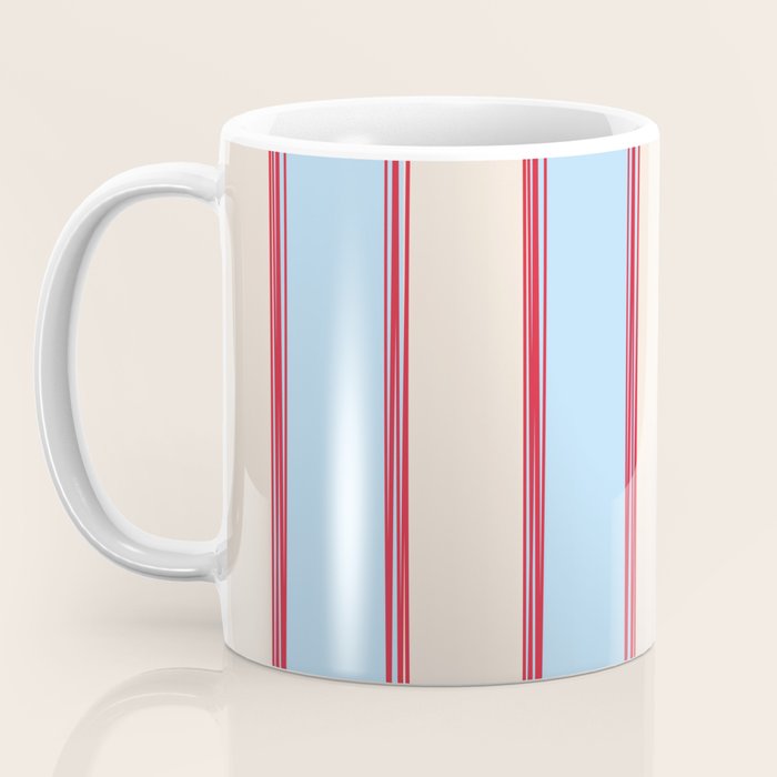 Lined Stripes Vertical Pattern in Cottage Light Blue, Red, and Cream Beige Coffee Mug Gallery Image 3