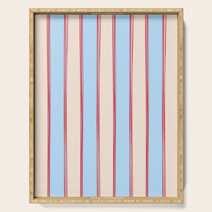 Lined Stripes Vertical Pattern in Cottage Light Blue, Red, and Cream Beige Serving Tray Gallery Image 1