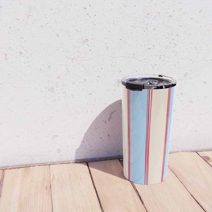 Lined Stripes Vertical Pattern in Cottage Light Blue, Red, and Cream Beige Travel Mug Gallery Image 4