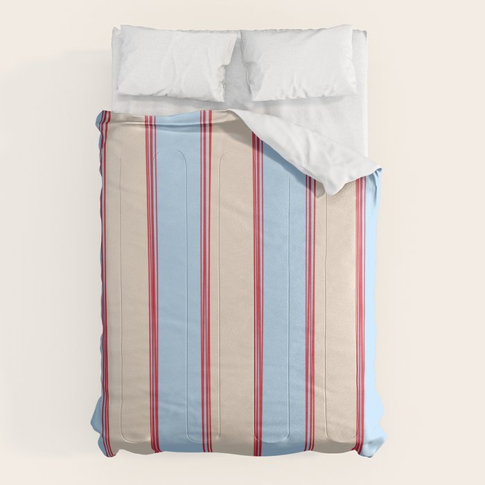 Lined Stripes Vertical Pattern in Cottage Light Blue, Red, and Cream Beige Comforter Gallery Image 6
