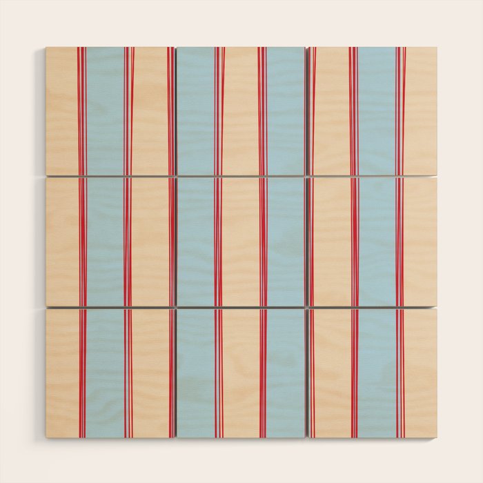 Lined Stripes Vertical Pattern in Cottage Light Blue, Red, and Cream Beige Wood Wall Art Gallery Image 1