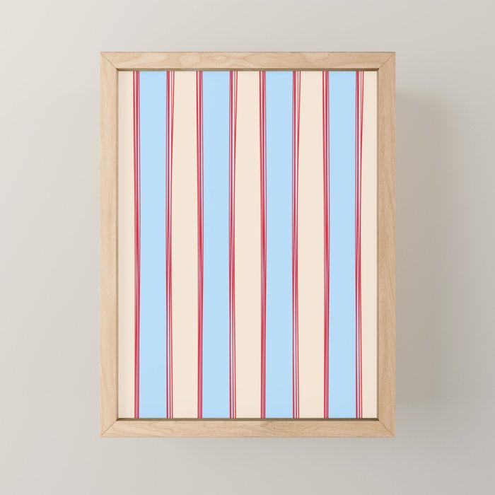 Lined Stripes Vertical Pattern in Cottage Light Blue, Red, and Cream Beige Mini Art Print Gallery Image 1