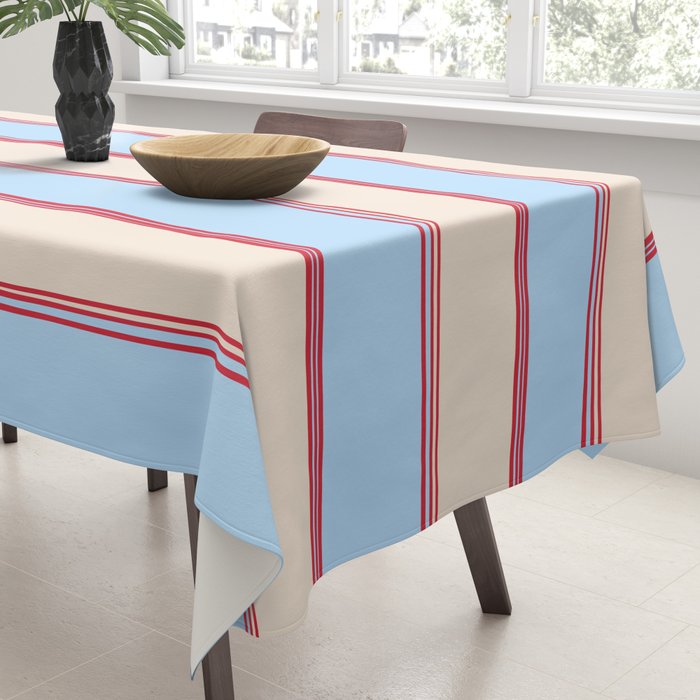 Lined Stripes Vertical Pattern in Cottage Light Blue, Red, and Cream Beige Tablecloth Gallery Image 3