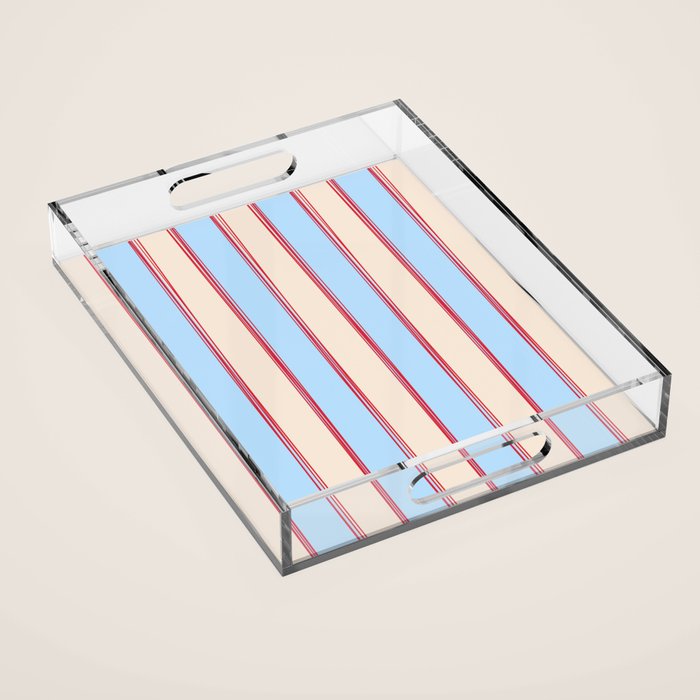 Lined Stripes Vertical Pattern in Cottage Light Blue, Red, and Cream Beige Acrylic Tray Gallery Image 1