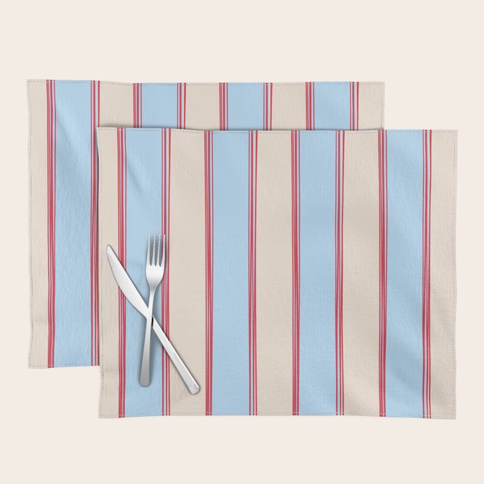 Lined Stripes Vertical Pattern in Cottage Light Blue, Red, and Cream Beige Placemat Gallery Image 1