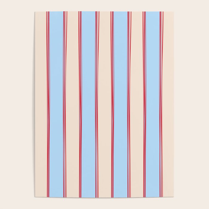 Lined Stripes Vertical Pattern in Cottage Light Blue, Red, and Cream Beige Poster Gallery Image 4