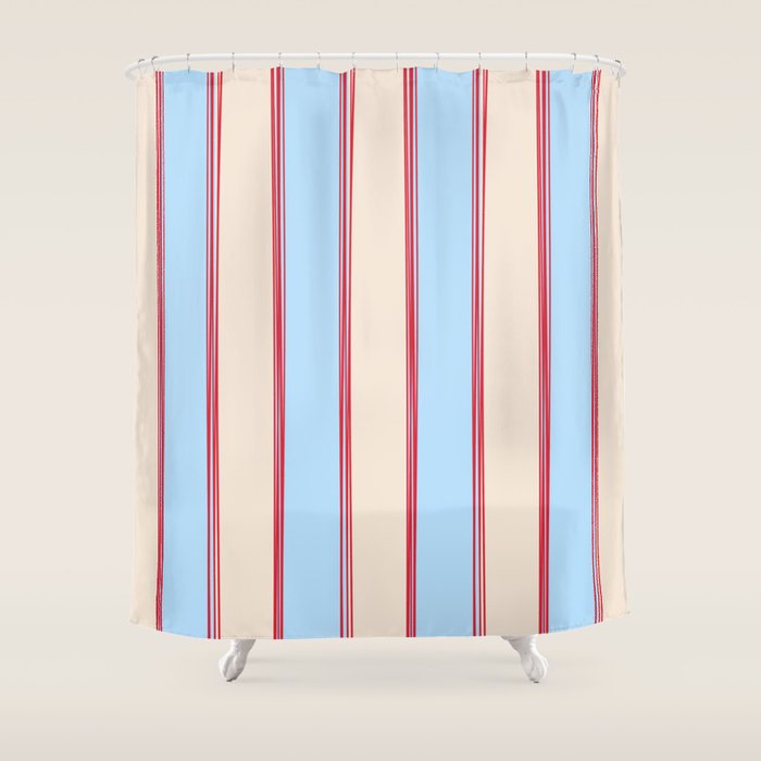 Lined Stripes Vertical Pattern in Cottage Light Blue, Red, and Cream Beige Shower Curtain Gallery Image 1
