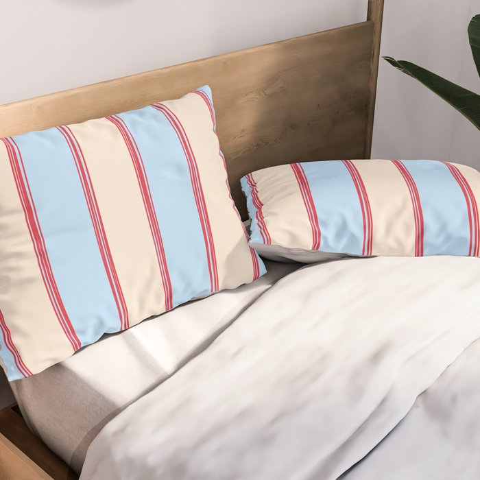 Lined Stripes Vertical Pattern in Cottage Light Blue, Red, and Cream Beige Pillow Sham Gallery Image 2