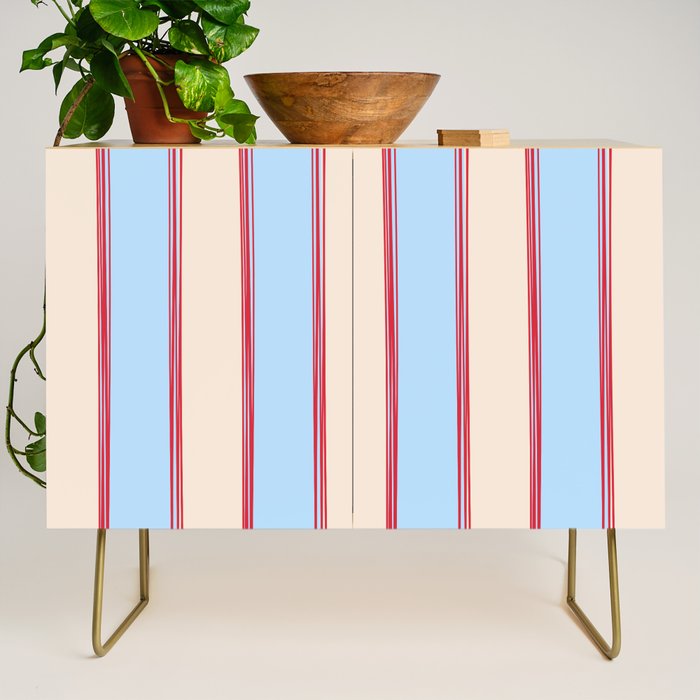 Lined Stripes Vertical Pattern in Cottage Light Blue, Red, and Cream Beige Credenza Gallery Image 1