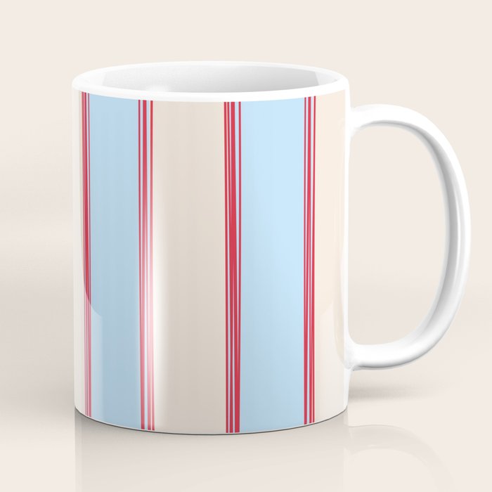 Lined Stripes Vertical Pattern in Cottage Light Blue, Red, and Cream Beige Coffee Mug Gallery Image 1