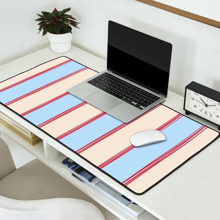 Lined Stripes Vertical Pattern in Cottage Light Blue, Red, and Cream Beige Desk Mat Gallery Image 2
