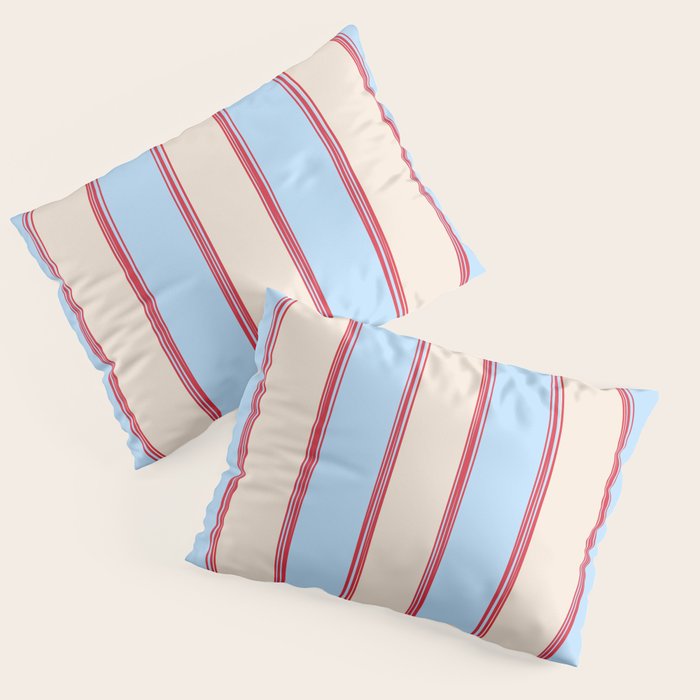 Lined Stripes Vertical Pattern in Cottage Light Blue, Red, and Cream Beige Pillow Sham Gallery Image 1