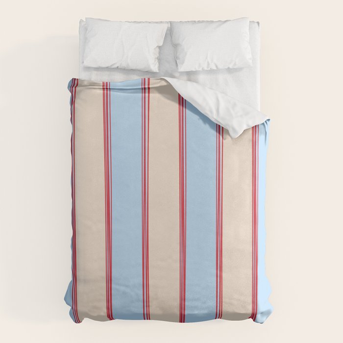 Lined Stripes Vertical Pattern in Cottage Light Blue, Red, and Cream Beige Duvet Cover Gallery Image 1