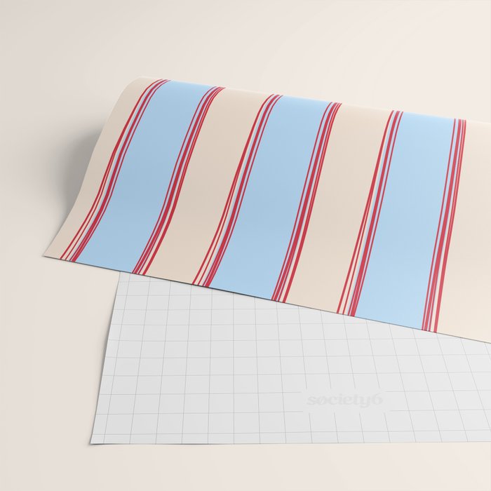 Lined Stripes Vertical Pattern in Cottage Light Blue, Red, and Cream Beige Wrapping Paper Gallery Image 2