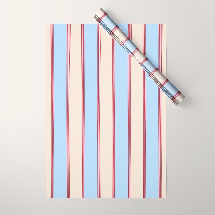 Lined Stripes Vertical Pattern in Cottage Light Blue, Red, and Cream Beige Wrapping Paper Gallery Image 1