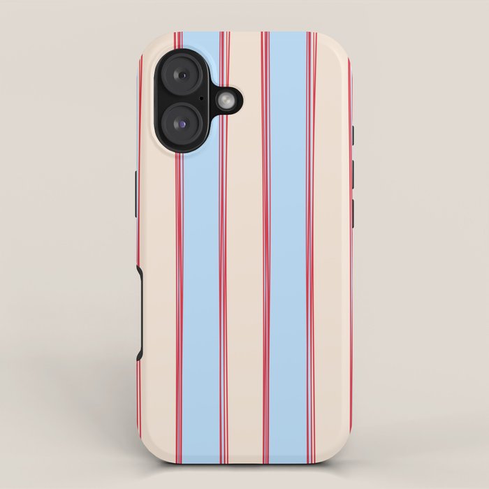 Lined Stripes Vertical Pattern in Cottage Light Blue, Red, and Cream Beige iPhone Case Gallery Image 1