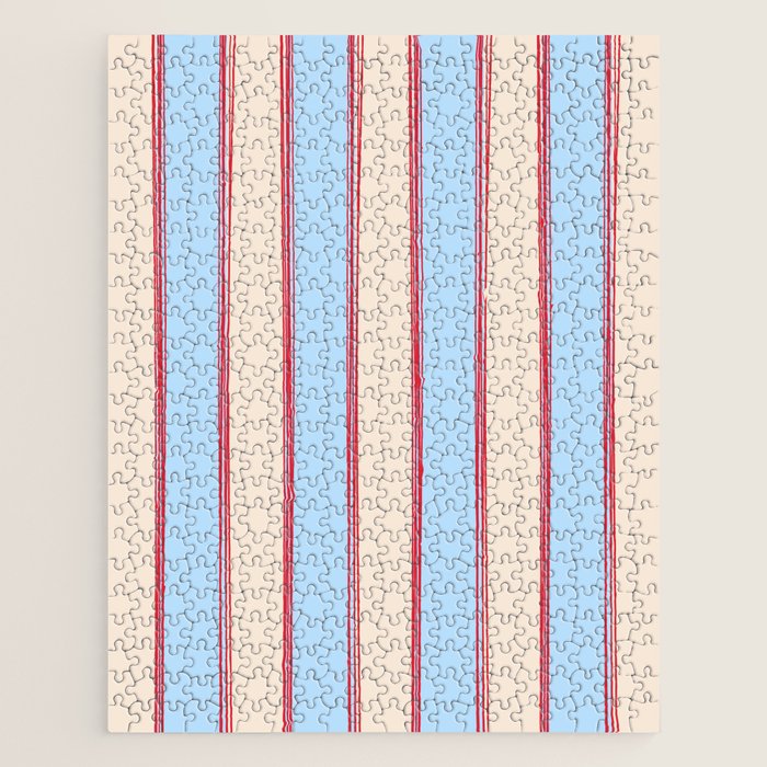 Lined Stripes Vertical Pattern in Cottage Light Blue, Red, and Cream Beige Jigsaw Puzzle Gallery Image 1