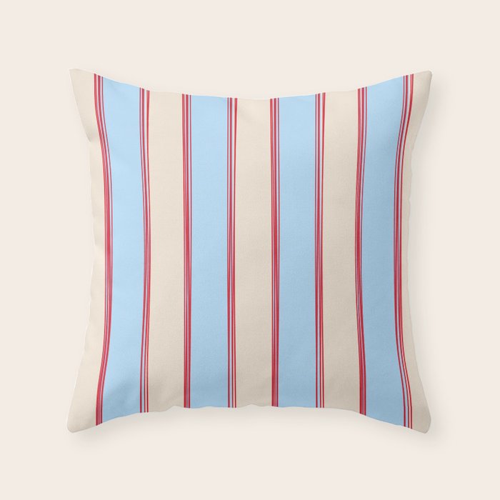 Lined Stripes Vertical Pattern in Cottage Light Blue, Red, and Cream Beige Throw Pillow Gallery Image 6