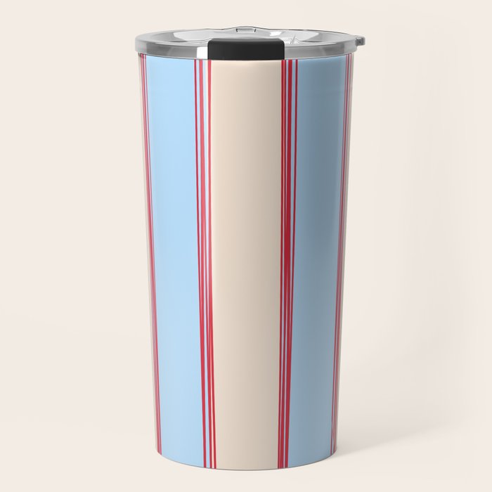 Lined Stripes Vertical Pattern in Cottage Light Blue, Red, and Cream Beige Travel Mug Gallery Image 1