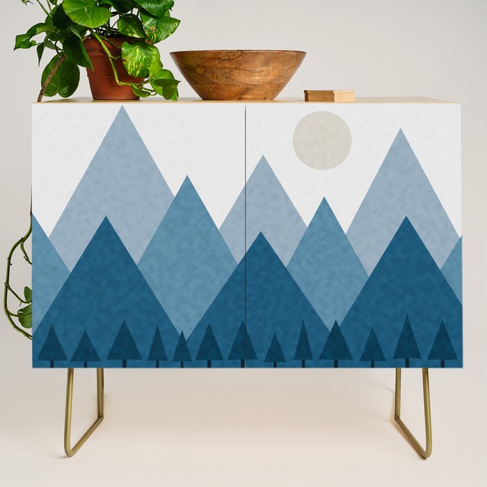 Calming Abstract Geometric Mountains Blue Credenza Gallery Image 1