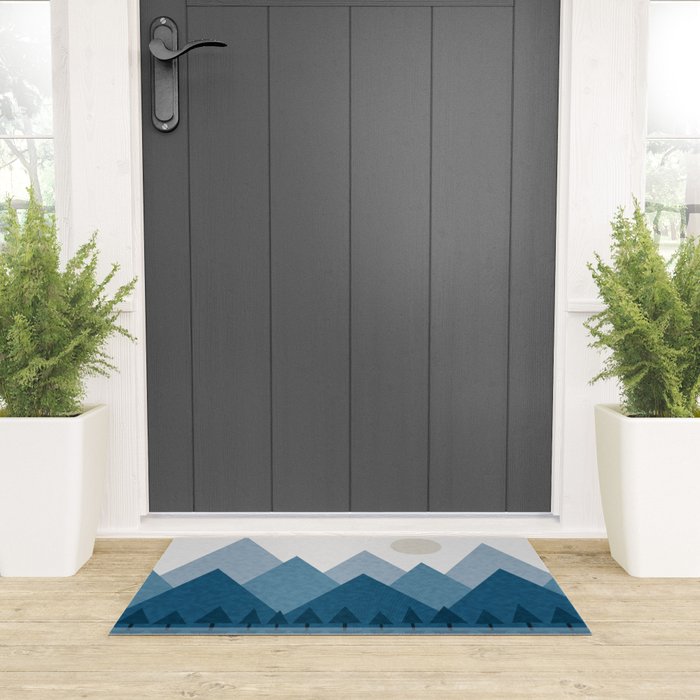 Calming Abstract Geometric Mountains Blue Welcome Mat Gallery Image 3