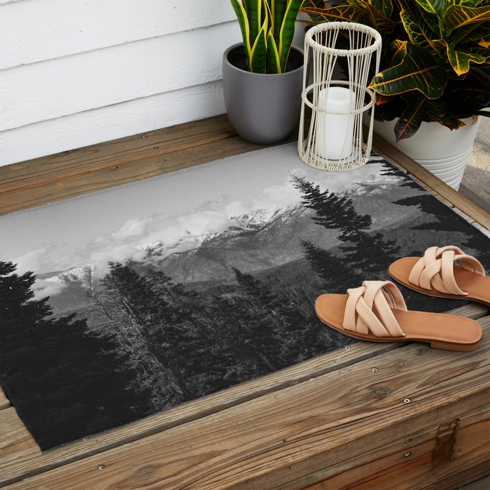 Snow Capped Sierras - Black and White Nature Photography Outdoor Rug Gallery Image 2